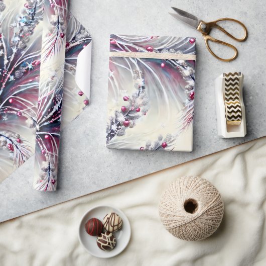 Elegant Winterberry & Snow Beaded Christmas Bloral Geschenkpapier (Kunsthandwerk)