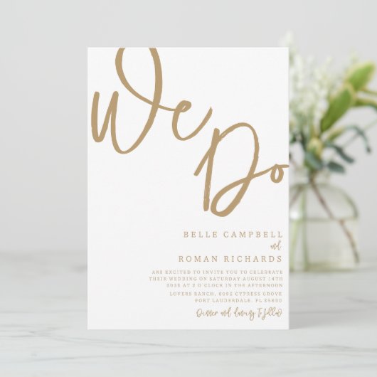Elegant Wir machen Script Gold & White Wedding Einladung (Stehend Vorderseite)