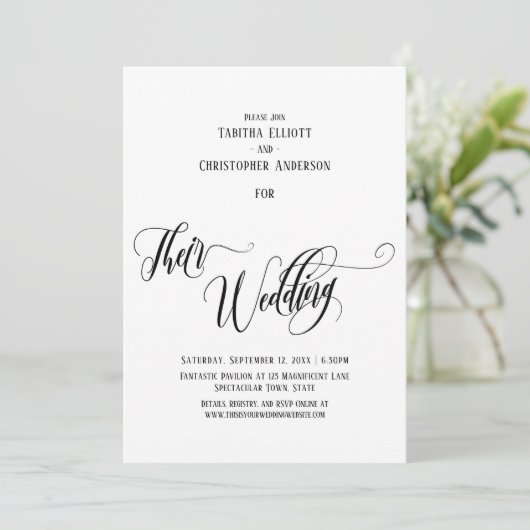 Elegant wirbelnde Kalligrafie ihre einfache Hochze Einladung (Stehend Vorderseite)