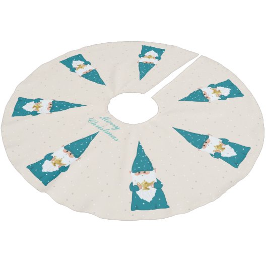 Elegant Wise Blue Christmas Gnomes über Elfenbein Polyester Weihnachtsbaumdecke (Schrägansicht)