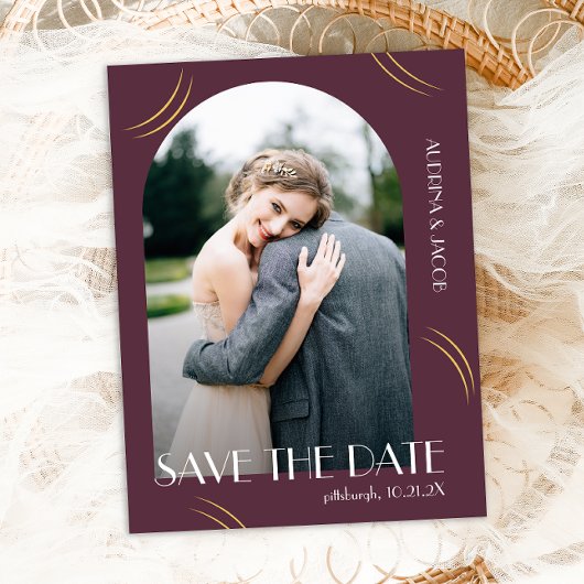 Elegant Wisps Plum Foto Wedding Save the Date Postkarte