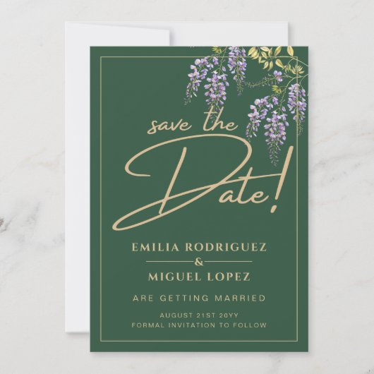 Elegant WISTERIA Gold Green SAVE THE DATE Einladung (Vorderseite)