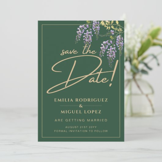 Elegant WISTERIA Gold Green SAVE THE DATE Einladung (Stehend Vorderseite)