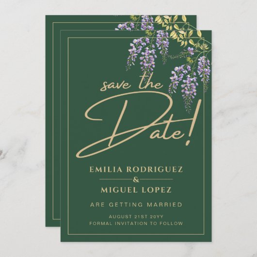 Elegant WISTERIA Gold Green SAVE THE DATE Einladung (Vorne/Hinten)