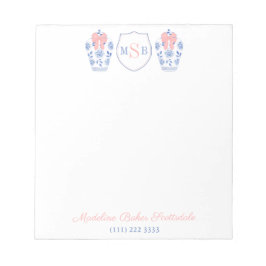 Elegant Woman Pink Ribbon Blue White Vase Monogram Notizblock