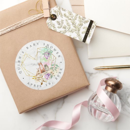 Elegant Woodland Baby Shower Fevor Runder Aufkleber (Schenken)