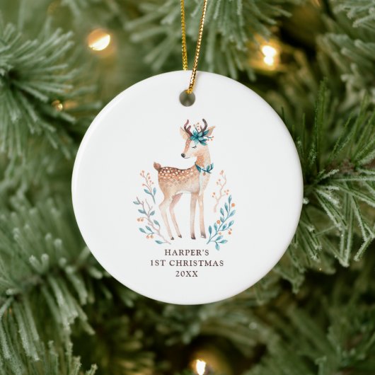 Elegant Woodland Deer Baby First Christmas Custom Keramik Ornament (Baum)