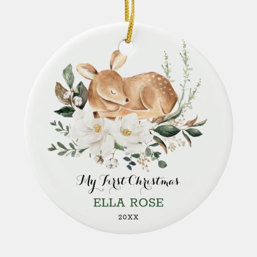 Elegant Woodland Deer Baby First Christmas Keramik Ornament (Vorne)