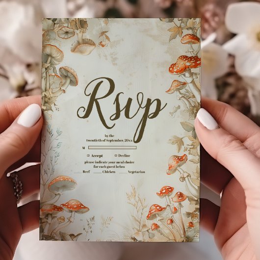 Elegant Woodland Mushroom Fern Wedding RSVP Karte
