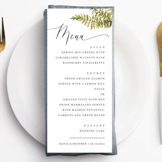 Elegant Woodland Wedding | Minimalist Forest Fern Menükarte