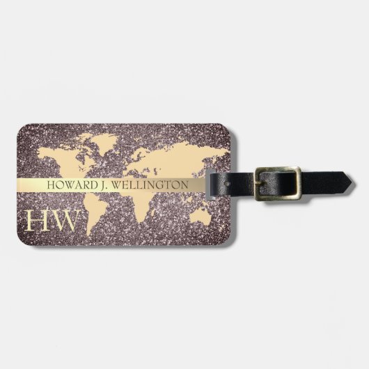 Elegant World Traveller Map Glitzer Monogramm Name Gepäckanhänger (Vorderseite horizontal)