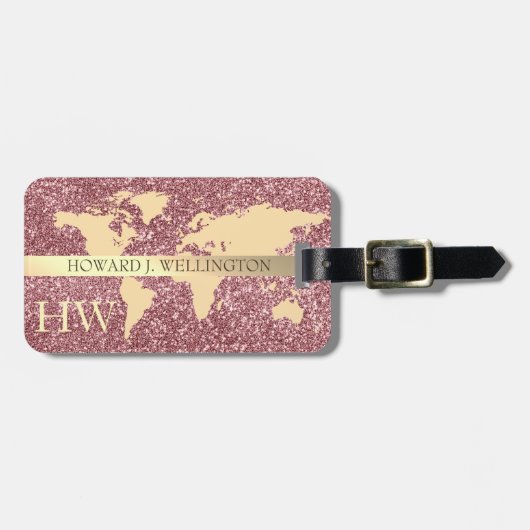 Elegant World Traveller Map Glitzer Monogramm Name Gepäckanhänger (Vorderseite horizontal)
