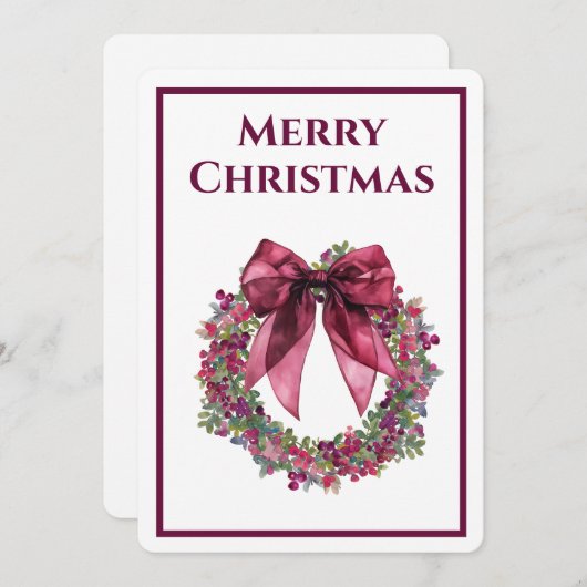 Elegant Wreath and Burgundy Bow Christmas Einladung (Vorne/Hinten)