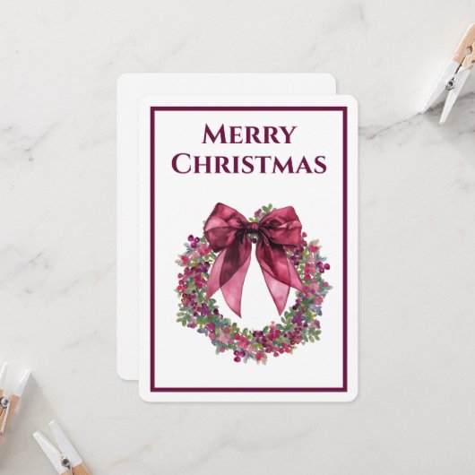 Elegant Wreath and Burgundy Bow Christmas Einladung (Vorderseite/Rückseite Beispiel)