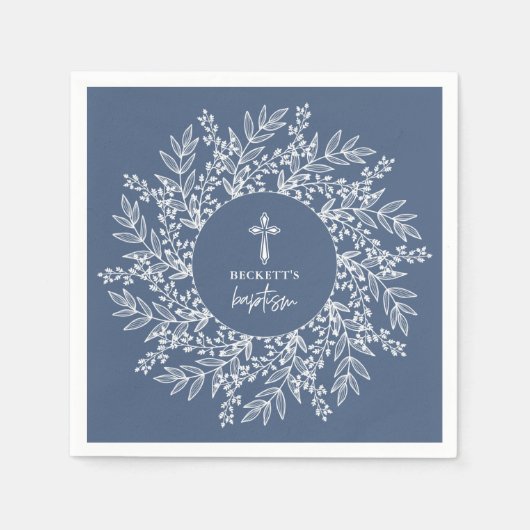 Elegant Wreath and Cross Blue Boy Baptism Serviette (Vorderseite)
