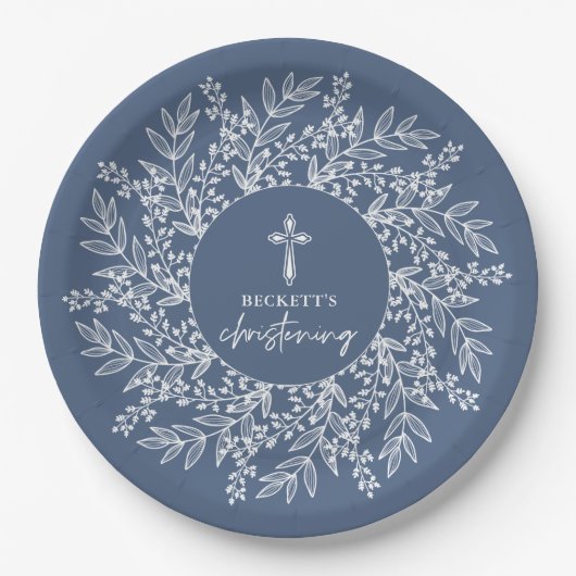Elegant Wreath and Cross Blue Boy Christening Pappteller (Vorderseite)