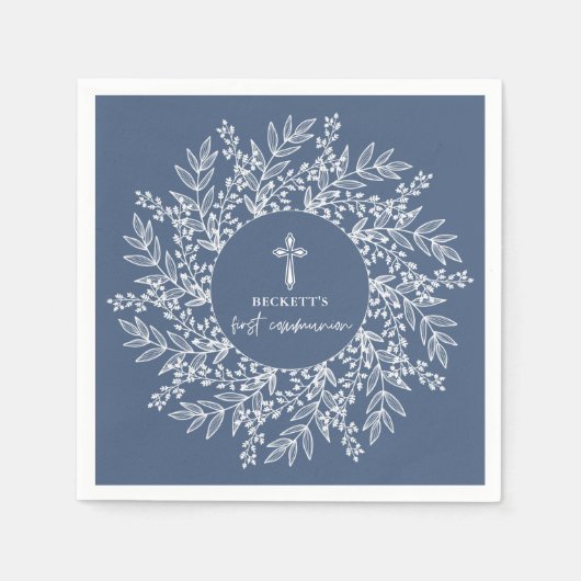 Elegant Wreath and Cross Blue Boy First Communion Serviette (Vorderseite)