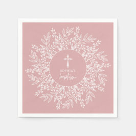Elegant Wreath and Cross Pink Girl Baptism Serviette