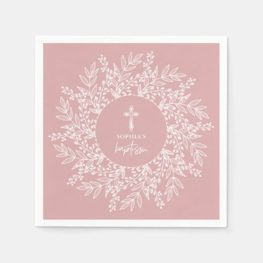 Elegant Wreath and Cross Pink Girl Baptism Serviette (Vorderseite)