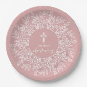 Elegant Wreath and Cross Pink Girl Christening Pappteller (Vorderseite)