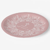 Elegant Wreath and Cross Pink Girl First Communion Pappteller (Schrägansicht)