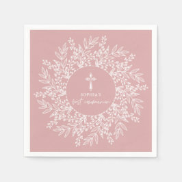 Elegant Wreath and Cross Pink Girl First Communion Serviette