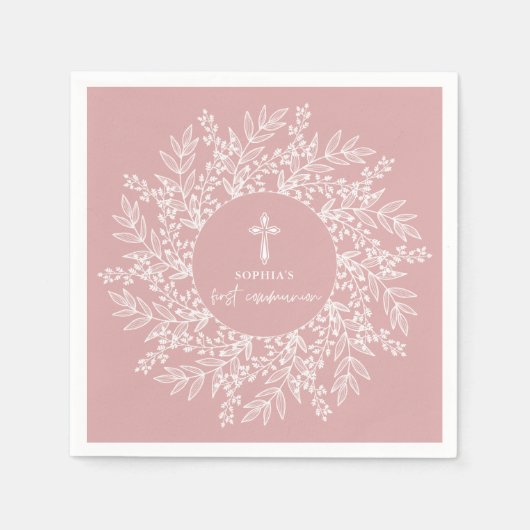 Elegant Wreath and Cross Pink Girl First Communion Serviette (Vorderseite)