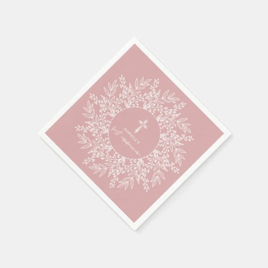 Elegant Wreath and Cross Pink Girl First Communion Serviette (Ecke)