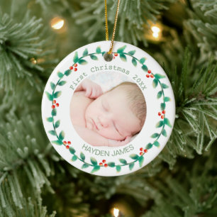 Elegant Wreath Baby's First Christmas Custom Foto Keramik Ornament