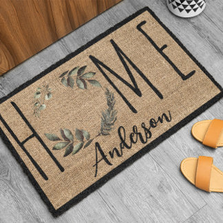Elegant Wreath Faux Burlap Family Name Doormat Fußmatte