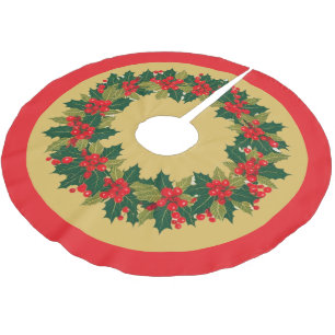 Elegant Wreath Holly Berries Weihnachts Gold froh Polyester Weihnachtsbaumdecke