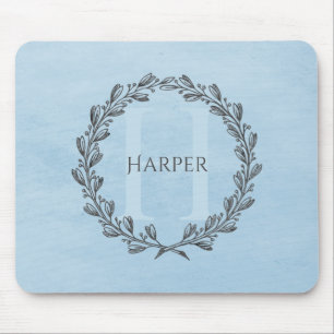 Elegant Wreath Monogram Blue Mouse Pad Mousepad