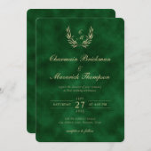 Elegant Wreath Monogram Green Velvet Wedding Einladung (Vorne/Hinten)