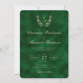 Elegant Wreath Monogram Green Velvet Wedding Einladung (Vorderseite)
