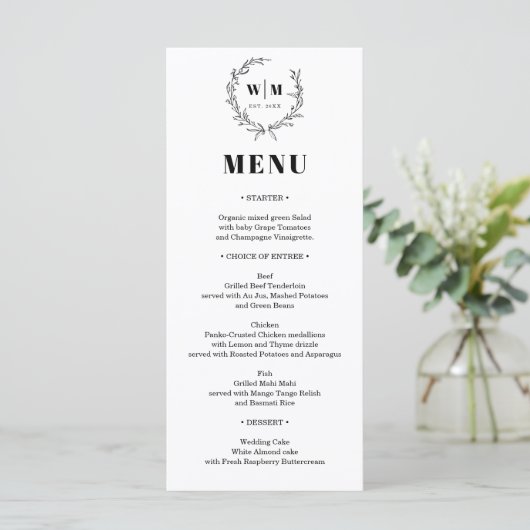 Elegant Wreath Monogram Wedding Menu Menükarte (Stehend Vorderseite)