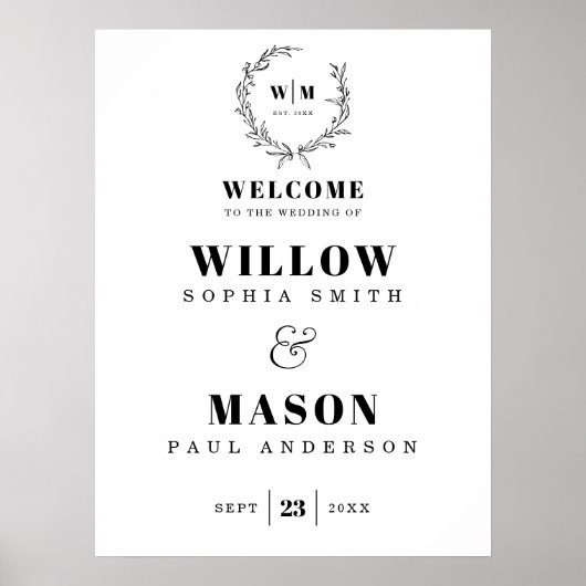 Elegant Wreath Monogram Wedding Welcome Sign Poster (Vorne)