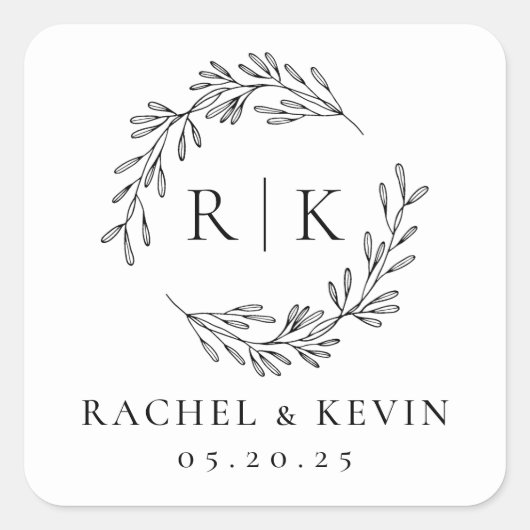 Elegant Wreath Wedding Initial Monogram Quadratischer Aufkleber (Vorderseite)