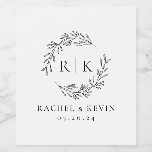 Elegant Wreath Wedding Initial Monogram Weinetikett (Einzelnes Label)