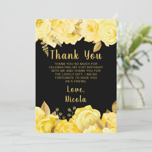 Elegant Yellow and Gold Flowers Birthday Party Dankeskarte (Stehend Vorderseite)