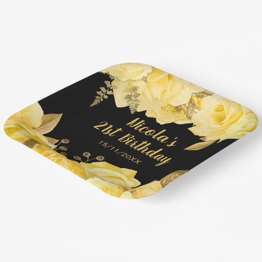 Elegant Yellow and Gold Flowers Birthday Party Pappteller (Gewinkelt)