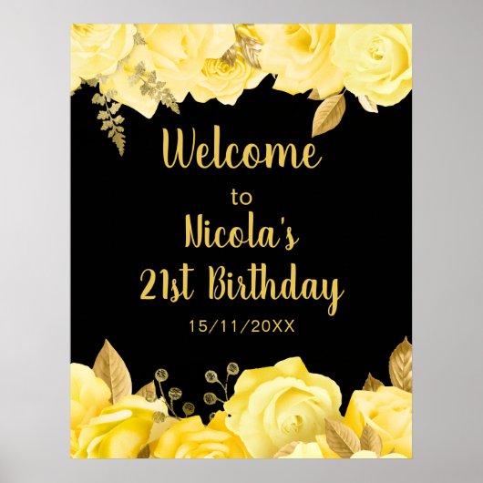 Elegant Yellow and Gold Flowers Birthday Party Poster (Vorne)