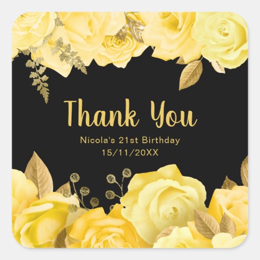 Elegant Yellow and Gold Flowers Birthday Party Quadratischer Aufkleber (Vorderseite)