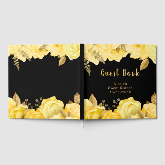 Elegant Yellow and Gold Flowers Sweet Sixteen Gästebuch (Voll)