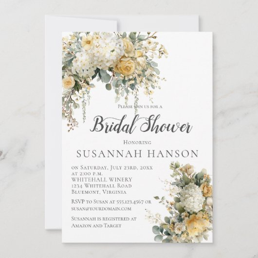 Elegant Yellow and Ivory Floral Bridal Shower | Einladung (Vorderseite)