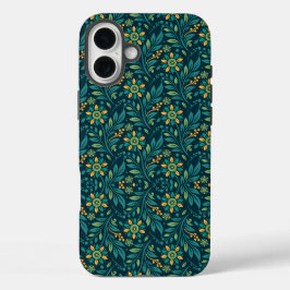 Elegant Yellow and Teal Floral Pattern Design iPhone 16 Plus Hülle