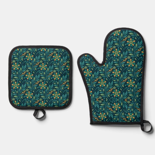 Elegant Yellow and Teal Floral Pattern Design Ofenhandschuh & Topflappen-Set (Vorderseite)