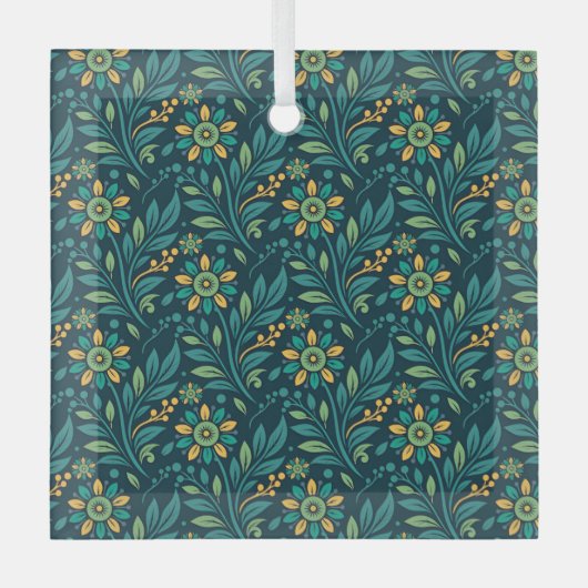 Elegant Yellow and Teal Floral Pattern Design Ornament Aus Glas (Vorderseite)