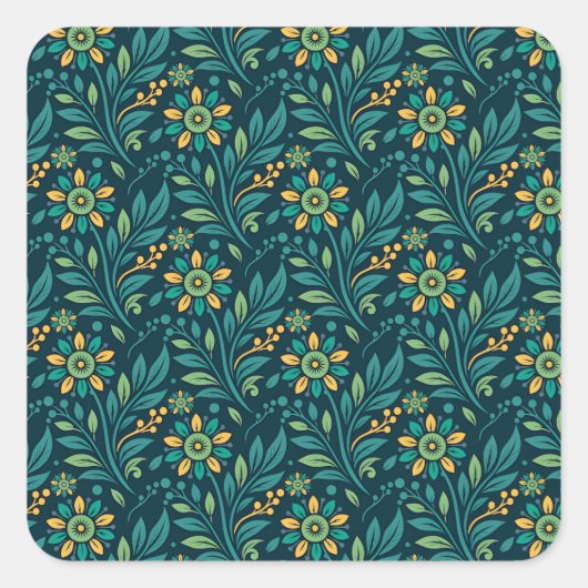 Elegant Yellow and Teal Floral Pattern Design Quadratischer Aufkleber (Vorderseite)