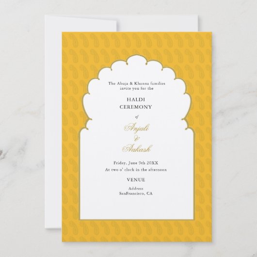 Elegant Yellow Arch Zeremonie Indische Hochzeit Einladung (Vorderseite)