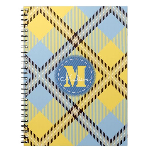 Elegant Yellow Blue Tartan Jeans Monogram Script Notizblock (Vorderseite)